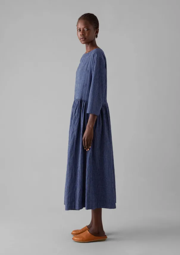 Outlet Check Crinkle Cotton Boat Neck Dress Women Loungewear|Dresses