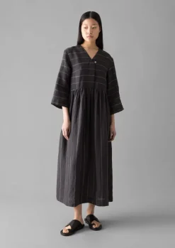 Outlet Fine Stripe Linen V-Neck Dress Women Linen|Loungewear