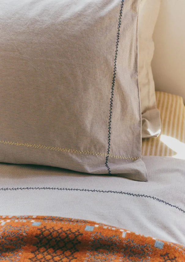 Fine Stripe Organic Cotton Embroidered Pillowcase Textiles|Bed Linen
