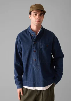 Grandad Collar Half Placket Denim Shirt Denim|Workwear