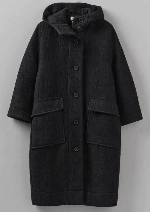 Hot Navy Wool Hooded Coat Women Coats & Jackets