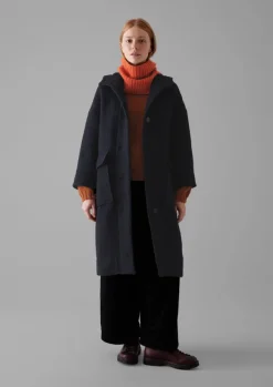 Hot Navy Wool Hooded Coat Women Coats & Jackets