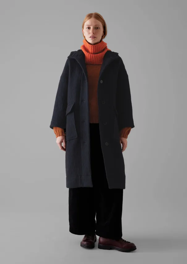 Hot Navy Wool Hooded Coat Women Coats & Jackets