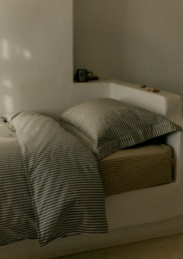 New Organic Cotton Ticking Stripe Fitted Sheet Textiles|Bed Linen