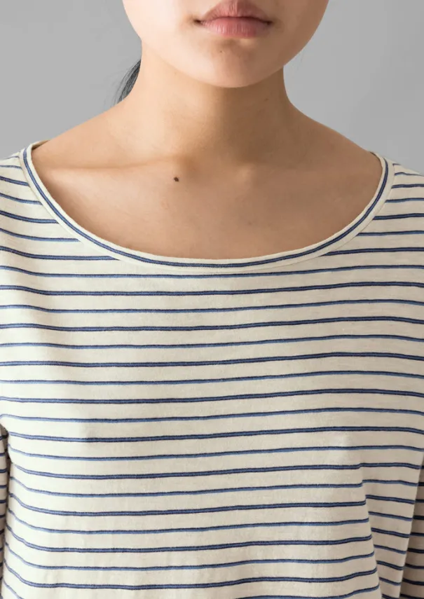 Outlet Stripe Cotton Open Neck Tee Women Jersey|Tops & Tees