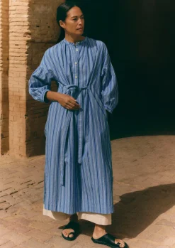 Sale Stripe Poplin Gathered Dress Women Dresses