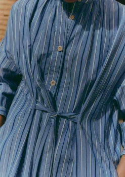 Sale Stripe Poplin Gathered Dress Women Dresses