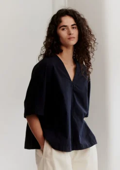 Outlet Textured Cotton Poplin V-Neck Top Women Tops & Tees